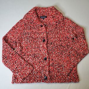 EVAN PICONE Mouline Sweater Knit Cardigan Chunky Collar Red Button Up Womens MED